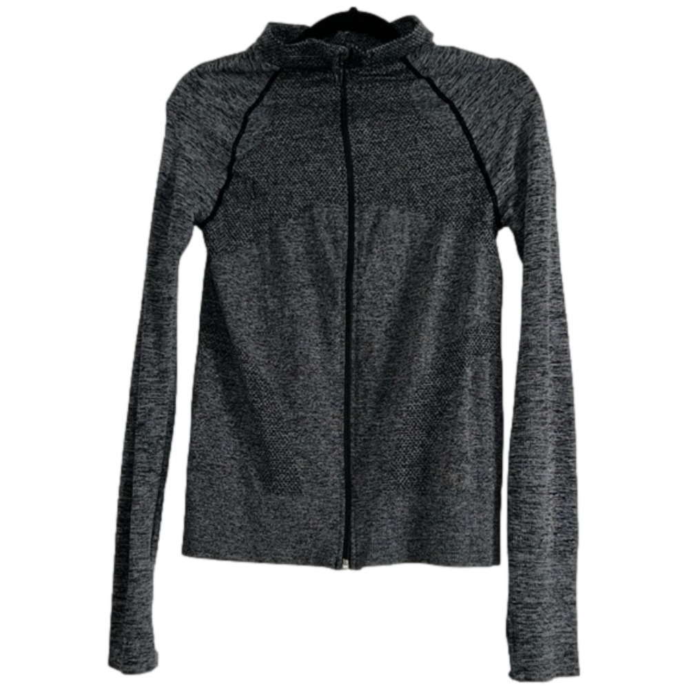 Fitted black & grey marl zip up athletic spandex jacket Large thumbholes